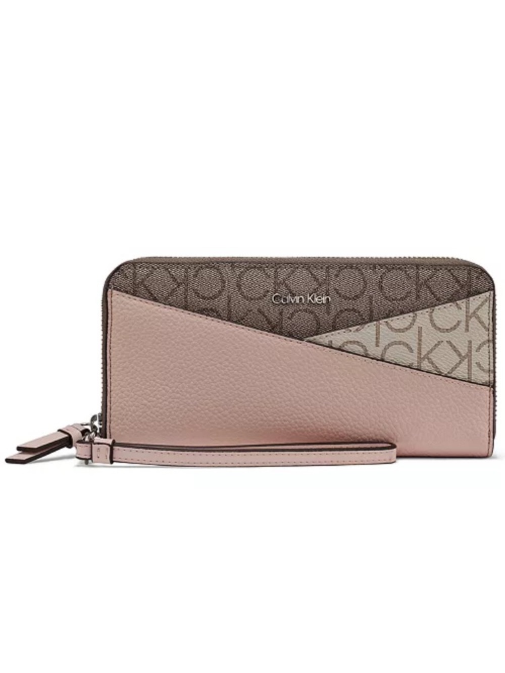 Calvin Klein Blush Pink and Brown Logo Zip Wristlet